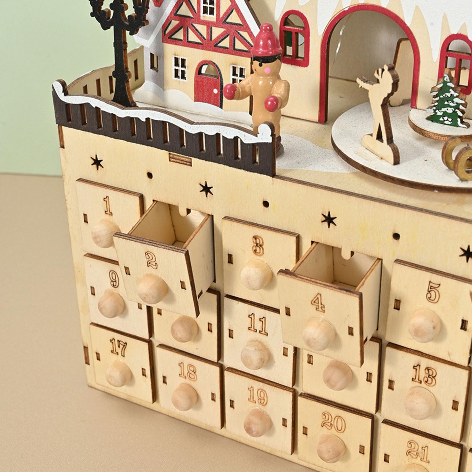 Gabinete de Calendario de Adviento de Navidad de Madera Natural con 24 Compartimentos de Regalo Adorno de Cuenta Regresiva de Casa de Pueblo Gabinete de Calendario de Cuenta Regresiva de Navidad