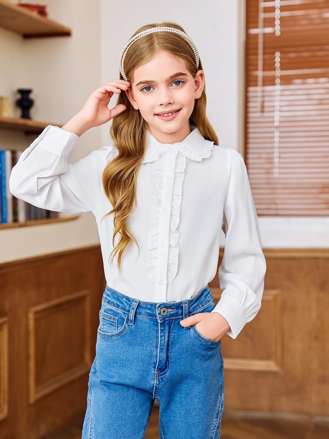Haloumoning Girls Puff Long Sleeve Shirts Cute Casual Peter Pan Collar Blouse Ruffle Button Down Chiffon Tops 7-14 Years - Image 2
