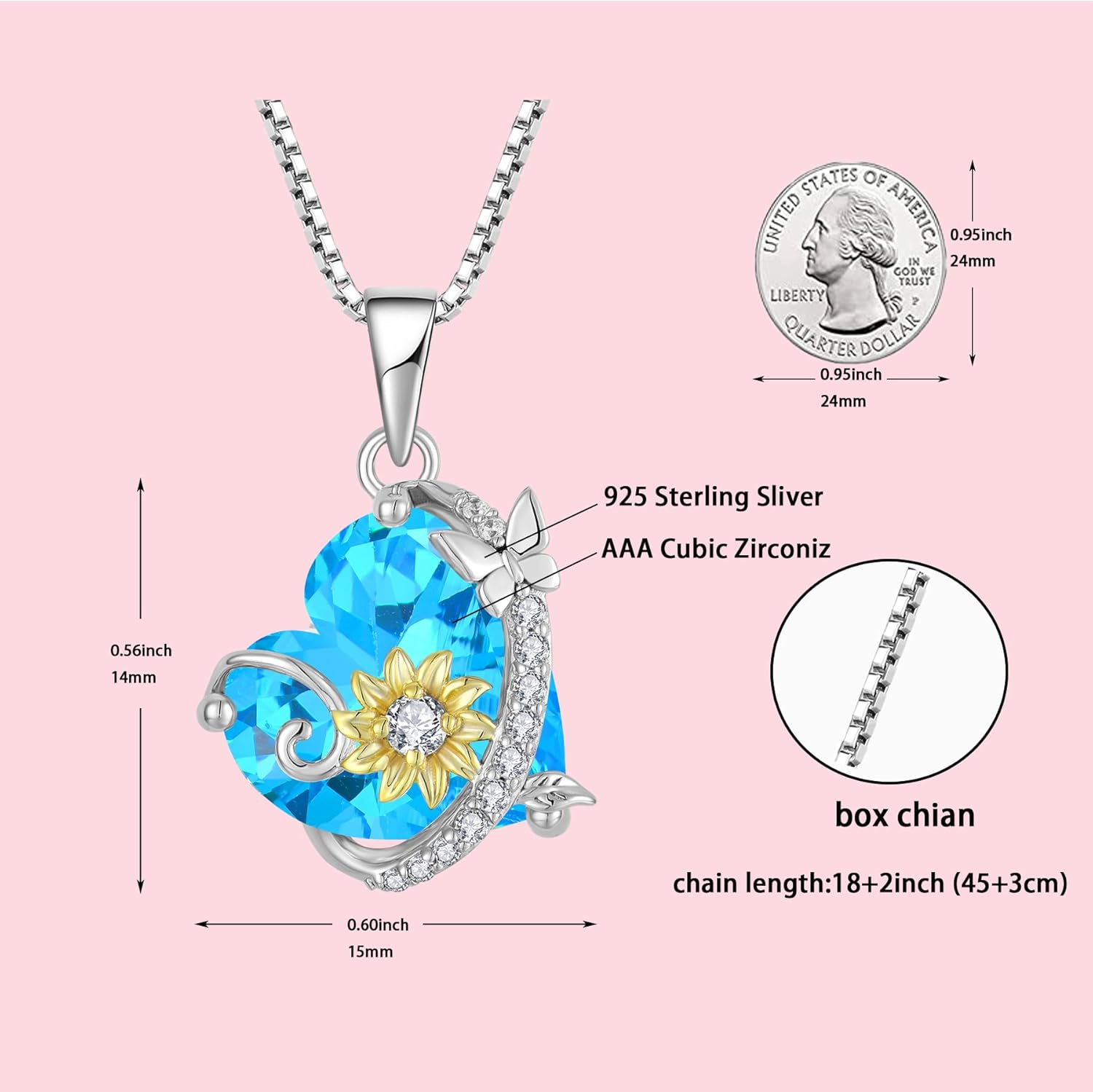 Butterfly Sunflower Heart Necklace for Women, 925 Sterling Silver Cubic Zirconia Birthstone Pendant Jewelry for Her - Image 4