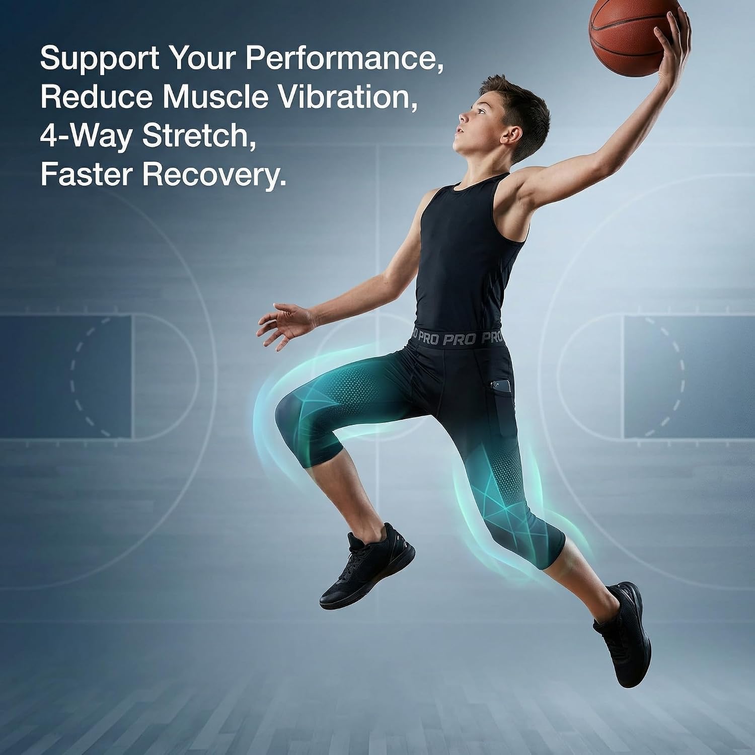 2 Pack Boys One Leg Compression Tights Youth 3/4 Football Pants Basketball Capri Leggings Athletic Baselayer Kids