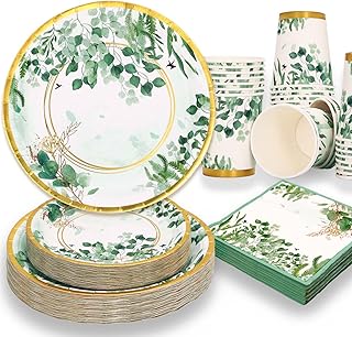 Sage Green Paper Plates, Sage Green Plates and Napkins Party Supplies 200 Pcs, Greenery Bridal Shower Plates, Eucalyptus baby shower decorations and Sage Green Birthday Decorations Serves 50