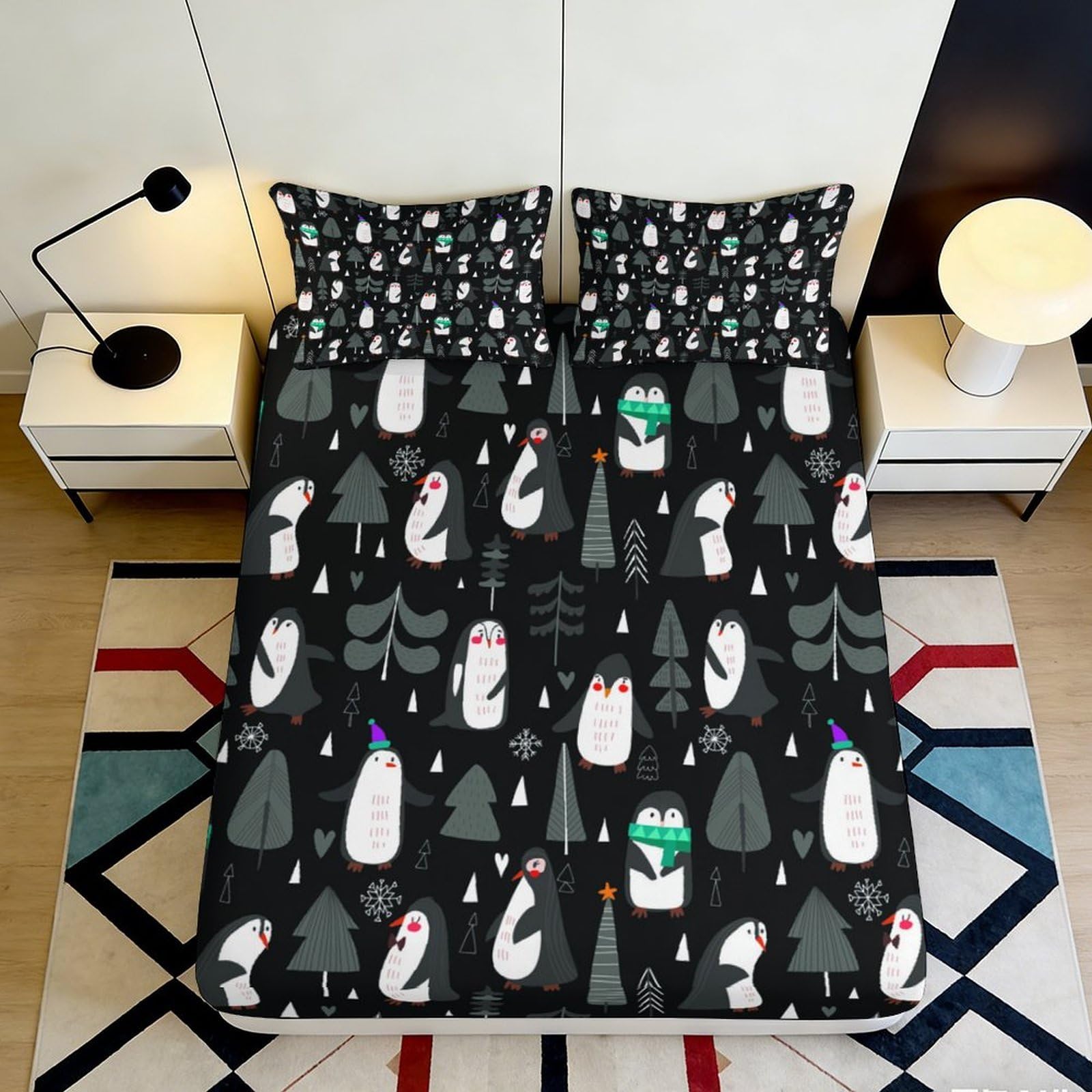 3D Printed Christmas Snow Fitted Sheet Microfiber Non-Slip Deep Pocket Bedroom Bedding Xmas Tree Mattress Fitted Cover Washable Wrap 140x200x25cm