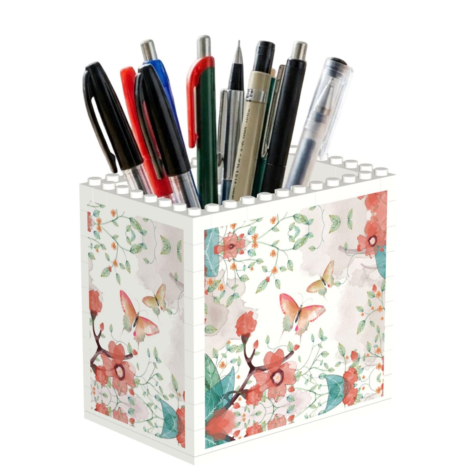 SATUSA Butterfly And Flowers Print Building Block Texture Pen Holder - Pencil Holder For Desk Pen Organizer,Aesthetic Desk Accessories For Women(1pcs)