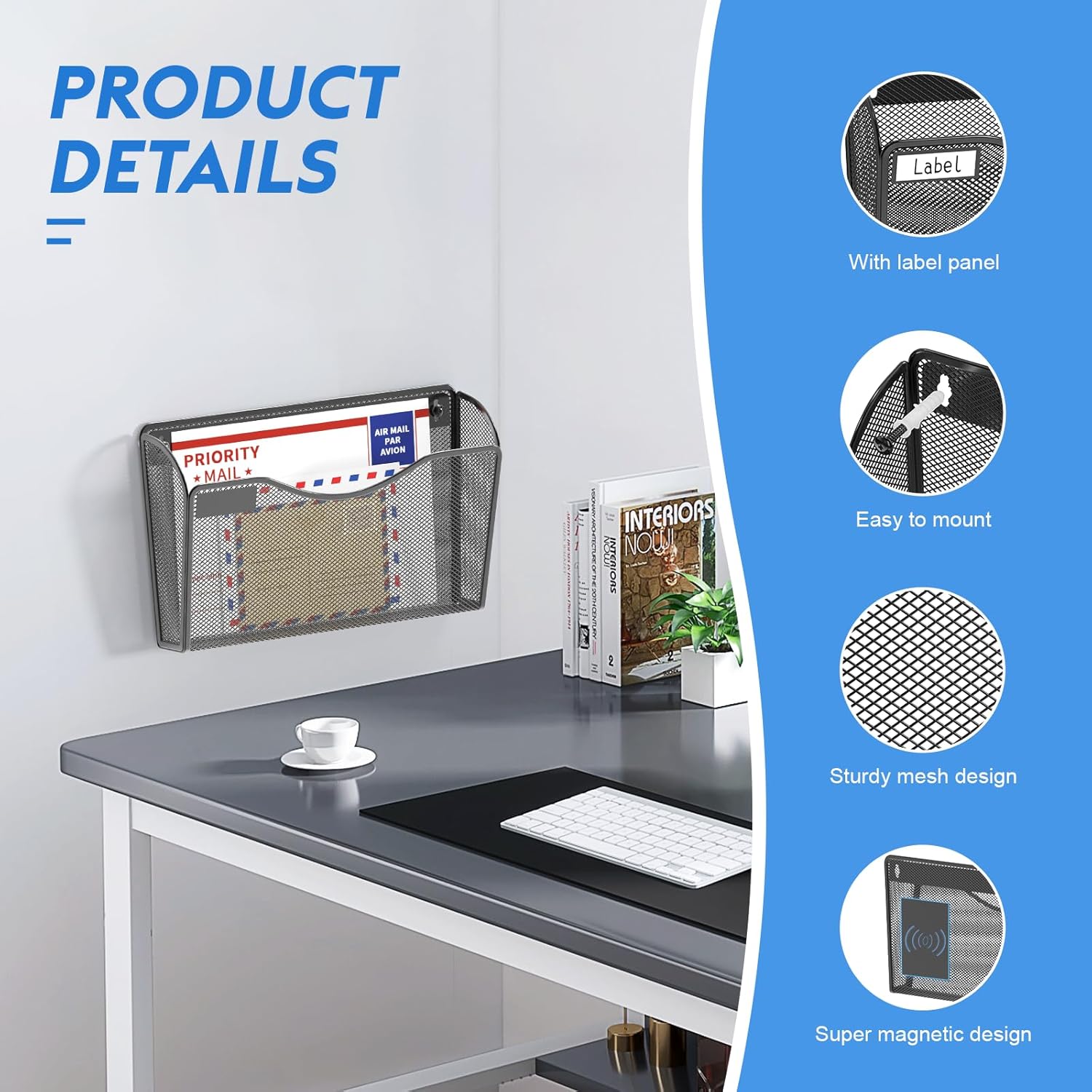 samstar 6 Pack Magnetic File Holder, Mesh Wall File Organizer File Pocket Mail Organizer Paper Folder Holder for Office/Home, No Drilling(Magnetic)