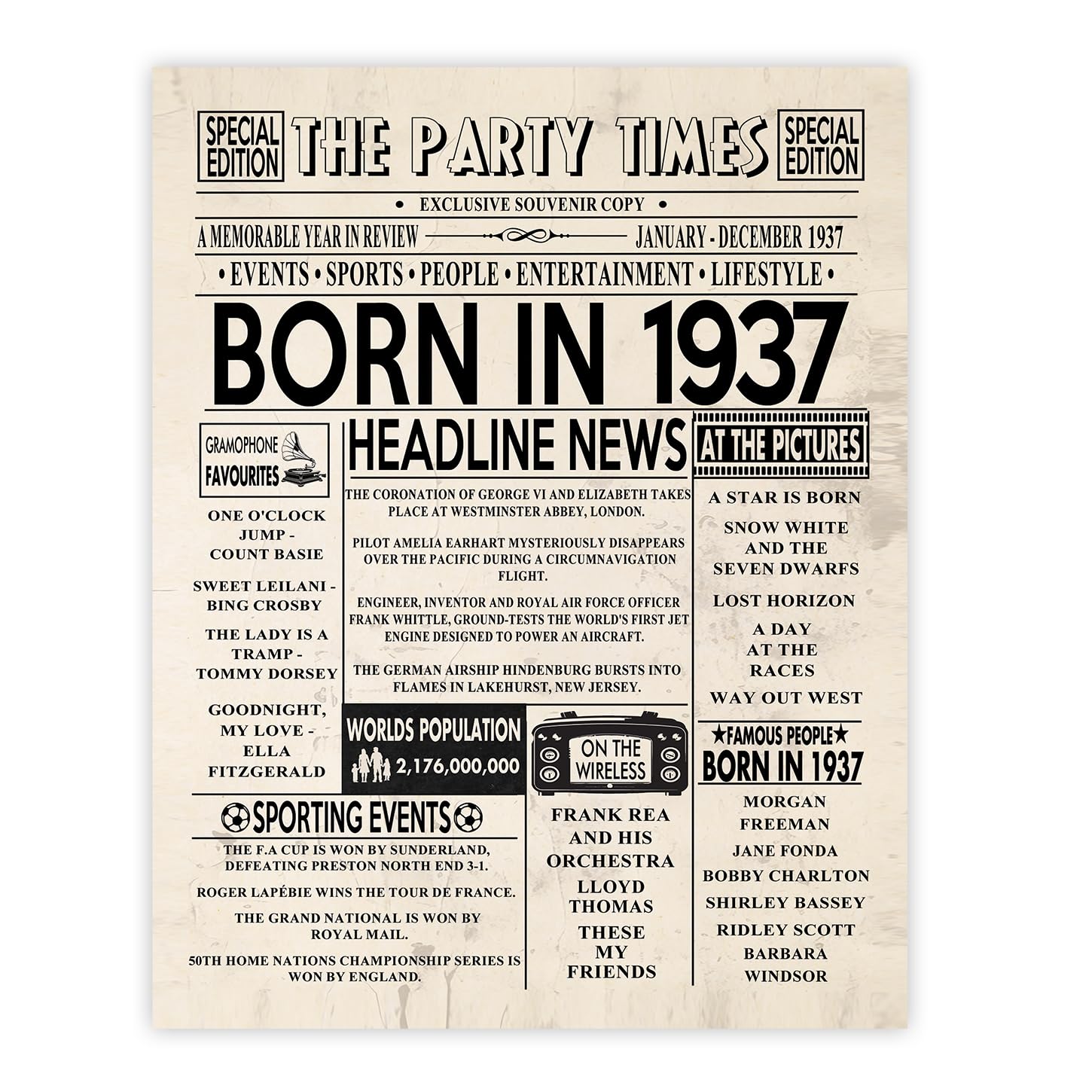Stuff4 Men's 1937 89Th Birthday Poster Unframed - Born In Newspaper - Happy 89Th Birthday Gifts For Wo Vintage Retro Back In 8X10 Inch Bday Party Decor Decoration