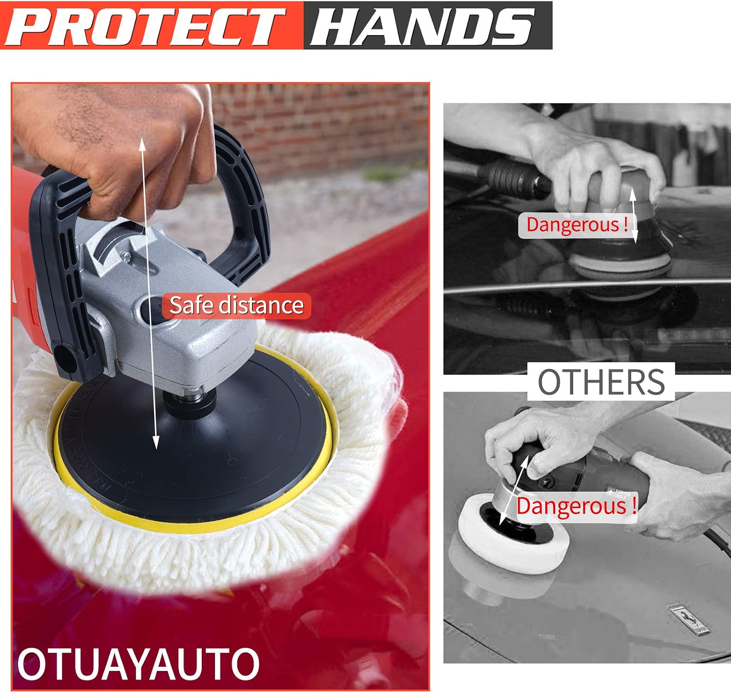 OTUAYAUTO 7 Inch Professional Variable Speed Polisher High Performance with a 5 Pad Buffing and Polishing Kit - Includes 6" Waffle Foam & 7" Wool Grip Pads for Auto Detail