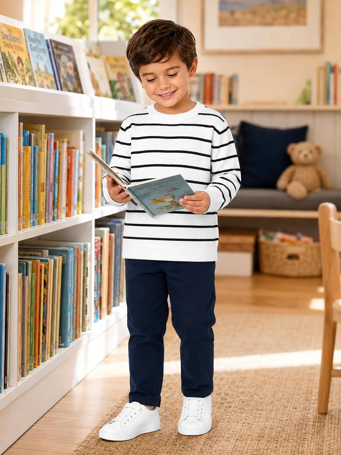 Boys Striped Sweater Crewneck Long Sleeve Knit Pullover, Soft Casual School Sweater for Toddler Little Boys 3-7 Years