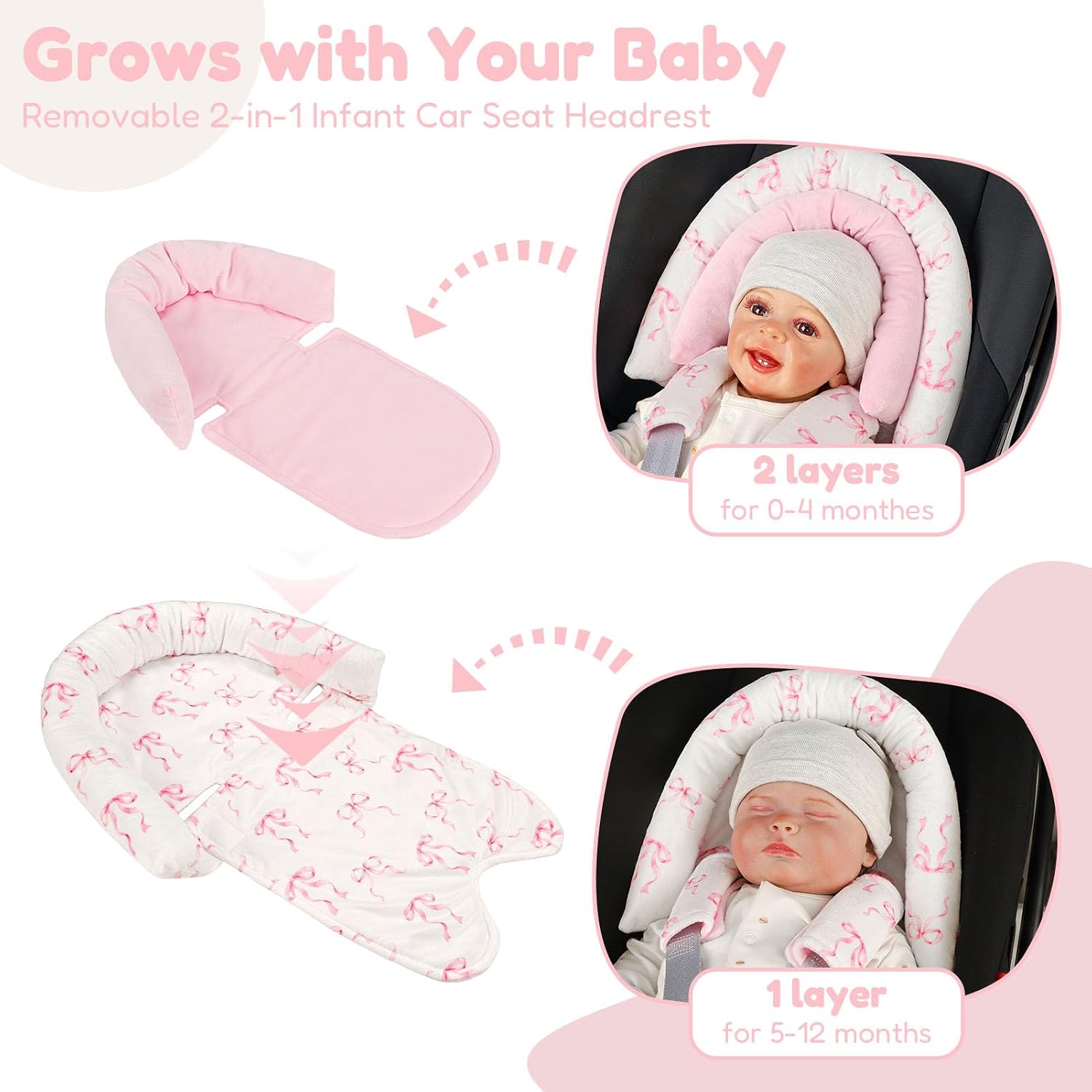 Infant Car Seat Insert with Strap Covers, 2 in 1 Car Seat Head Support Baby Girls, Soft Preemie Insert for Carseat, Stroller, Bouncer (Pink Bow)