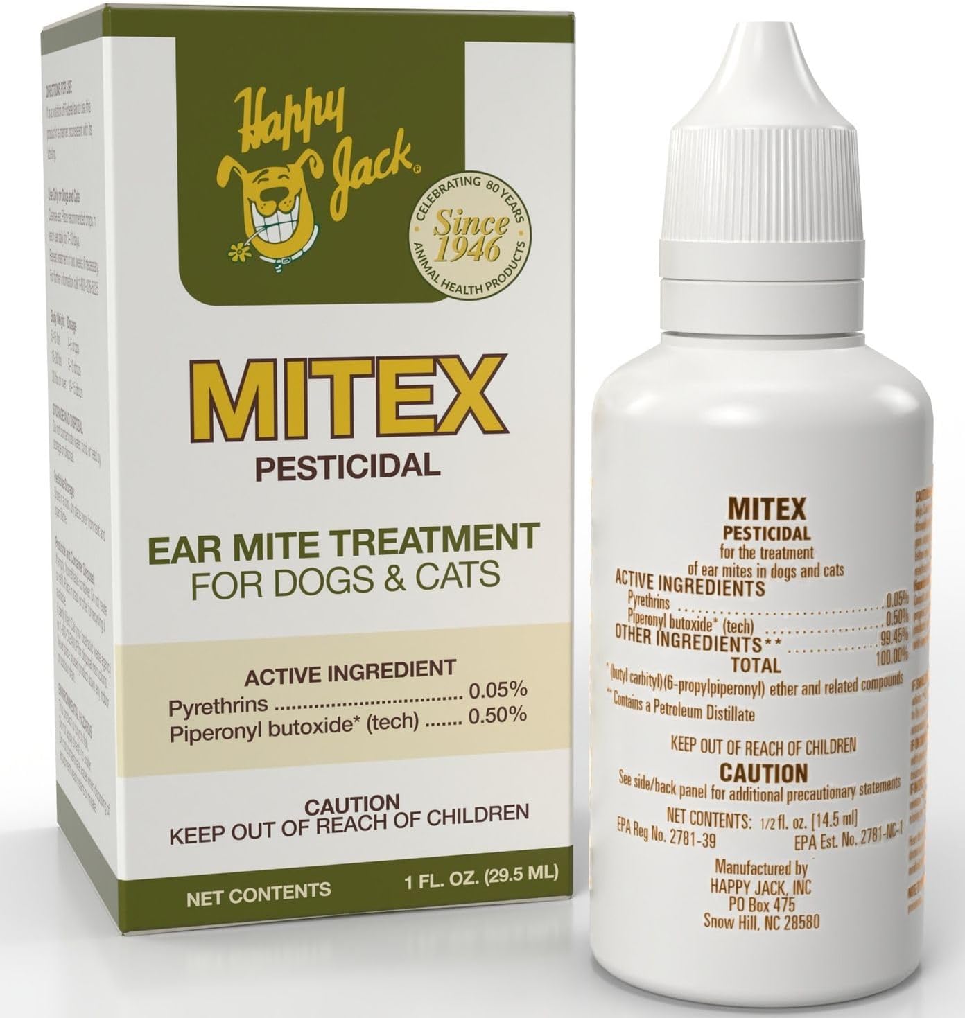 Happy Jack Mitex Ear Mites Treatment for Cats & Dogs, Itchy Ear Relief for Dogs, Mite Medicine for Cats, (1oz)