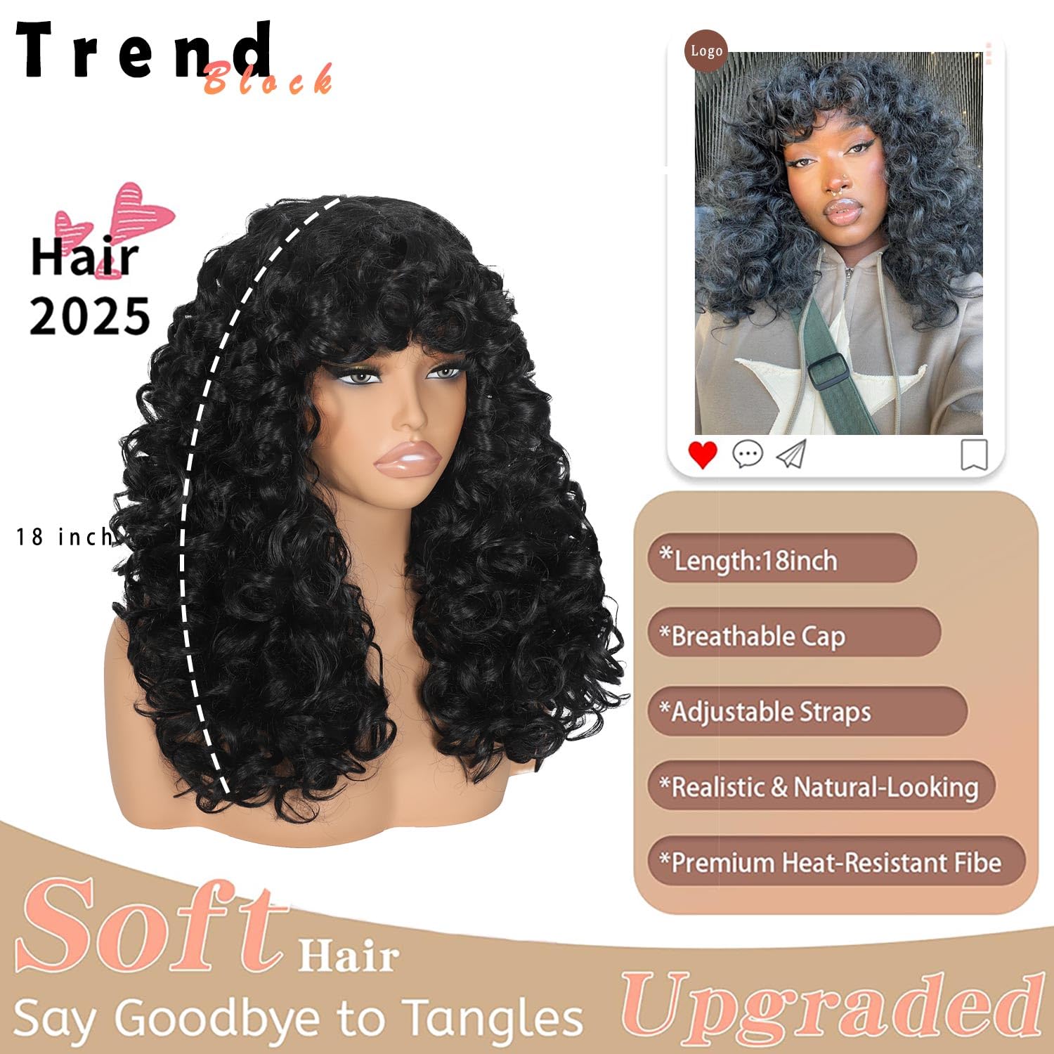 Curly Afro Wig for Black Women Curly Wigs with Bangs 18 Inch Long Curly Afro Synthetic Wig for Cosplay and Daily(Black)