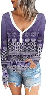 WANZZXCSL Long Sleeve Cool Pullover Women Party Casual Autumn Tunic Patter V Neck Cozy Cotton Buttons Tops Women