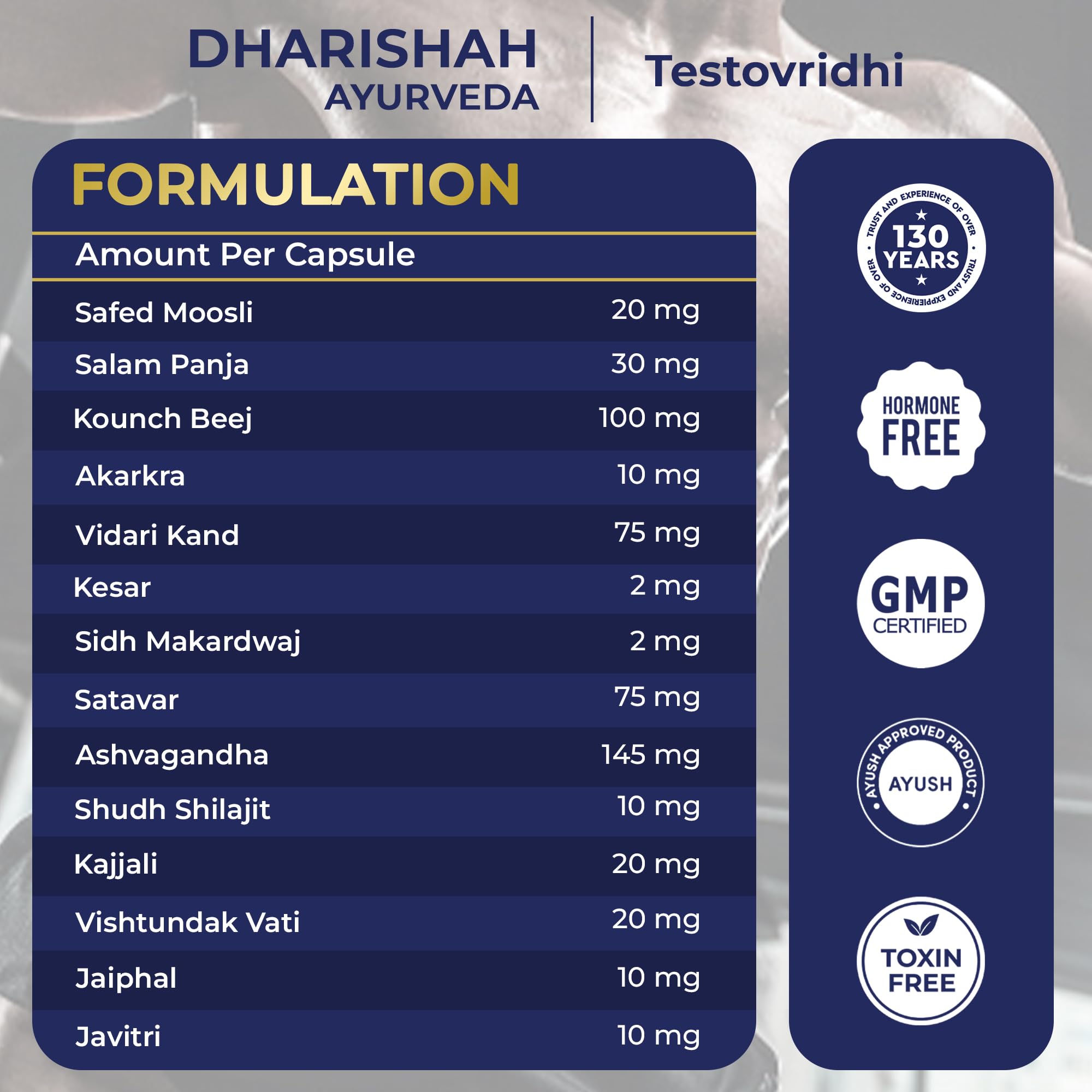 Dharishah Ayurveda Testovridhi Testosterone Booster for Men - 60 Vegan capsules with Ashwagandha, Shilajit, Safed Musli, Gokshura Supports Stamina, Energy, Muscle Strength, and Performance — Amazon image 5