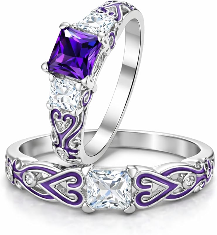 Cherri Purple CZ Princess Cut Wedding Ring Set for Women by Ginger Lyne | Purple princess-cut CZ engagement ring paired with a matching wedding band in an elegant white gold-plated finish for brides