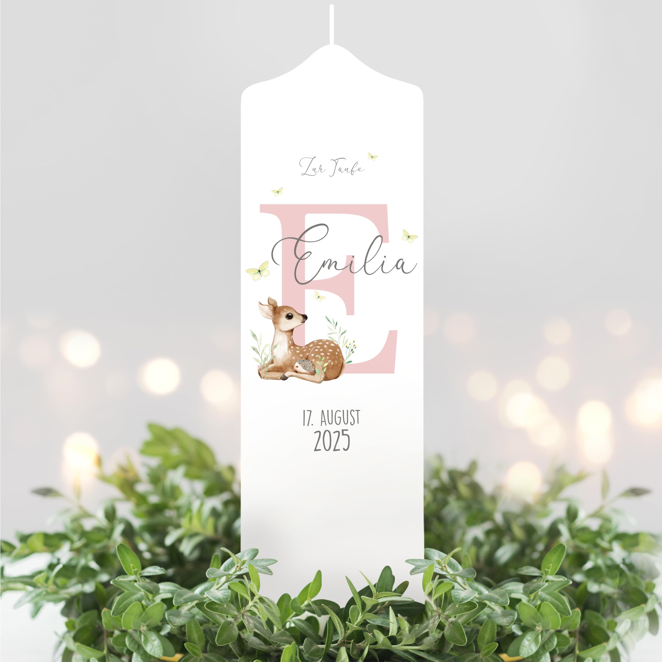 Wandtattoo Loft Taufkerze Junge Mädchen bedruckt personalisierter Buchstabe Reh Rehkitz Kerze zur Taufe Geburtstag Geschenk/Mädchen/Taufkerze 25 x 7 cm