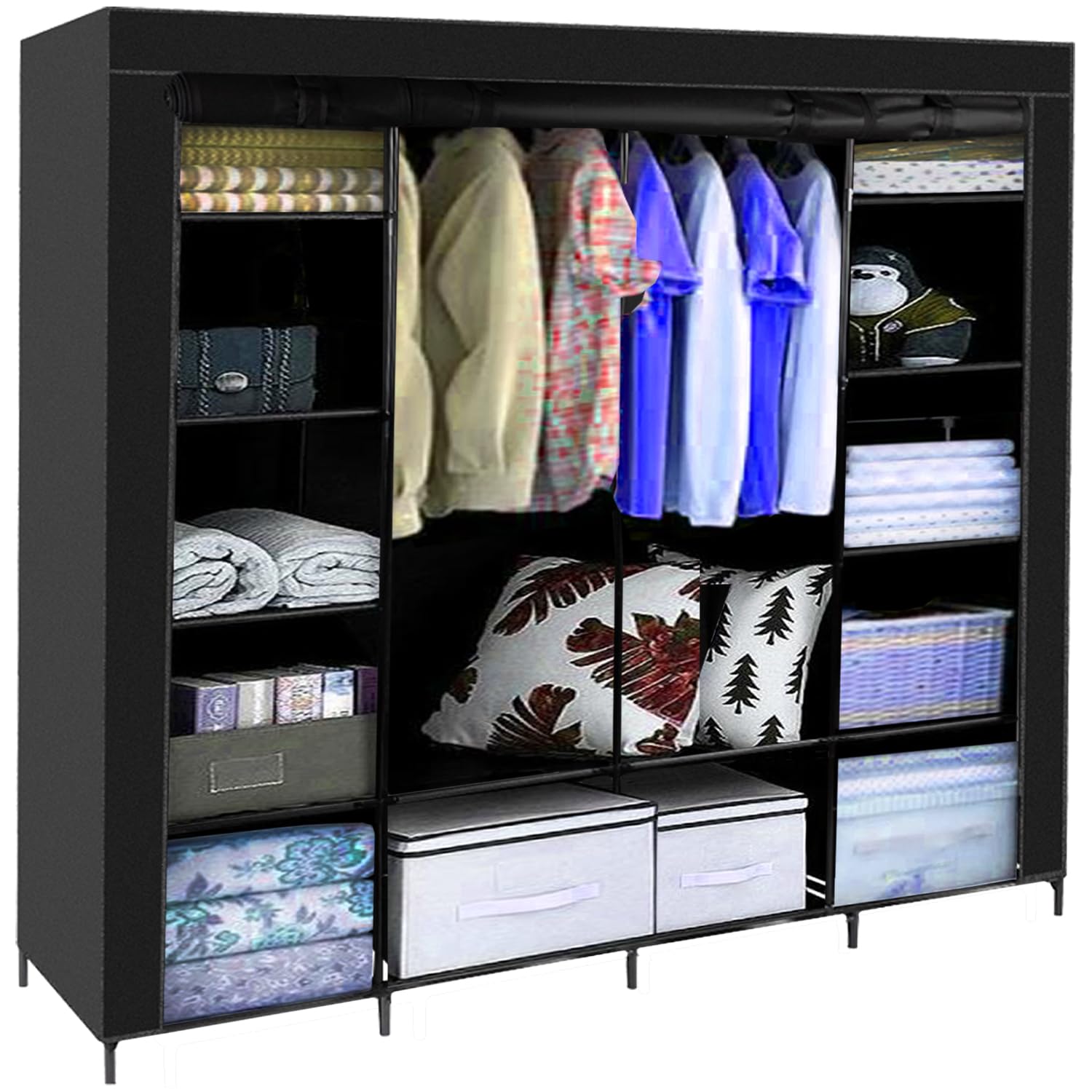 Armario de tela grande 170 x 170 cm, estable, 2 barras para ropa, 14 compartimentos, armario plegable para dormitorio, vestidor, color negro 23740