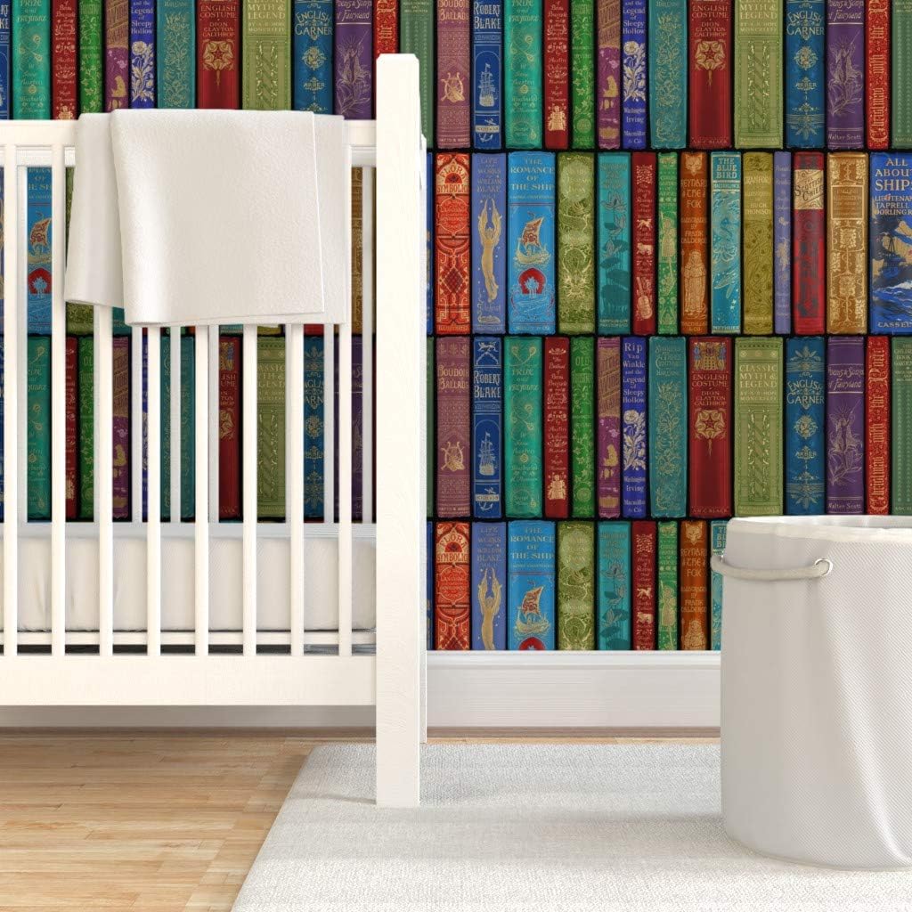 Removable Wallpaper 3ft x 2ft - Library Bright Books Shelves Antique Vintage English Rainbow Custom Pre-Pasted Wallpaper by Spoonflower