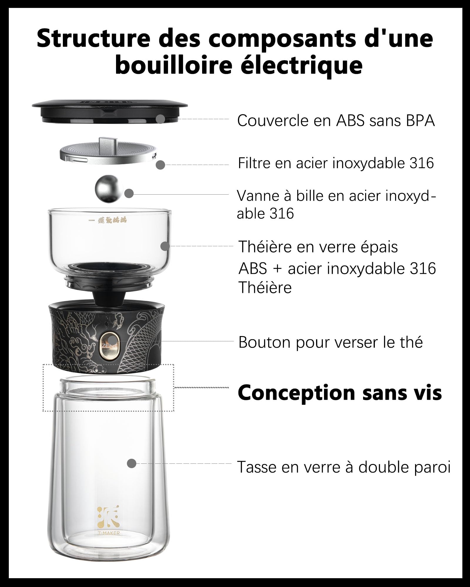 ZENS theiere con infusor, mágico de un solo toque tetera de cristal para té de hojas sueltas sin daños, máquina de té fresca con taza térmica y bolsa de té portátil, para regalo