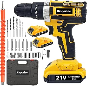 Cordless Drill, 21V Power Drill Set with 2 Battery, 3/8Keyless 25+1 Position Electric Drill & 2-Speed Transmission For Screwdriving and Drilling, Yellow
