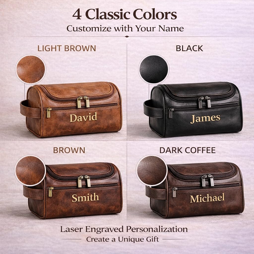 Personalized Toiletry Bag for Men, Custom Name PU Leather Travel Dopp Kit, Large Capacity Grooming Bag Organizer, Unique Gift Husband Boyfriend Dad, Birthday Father's Day Christmas Groomsmen Gift