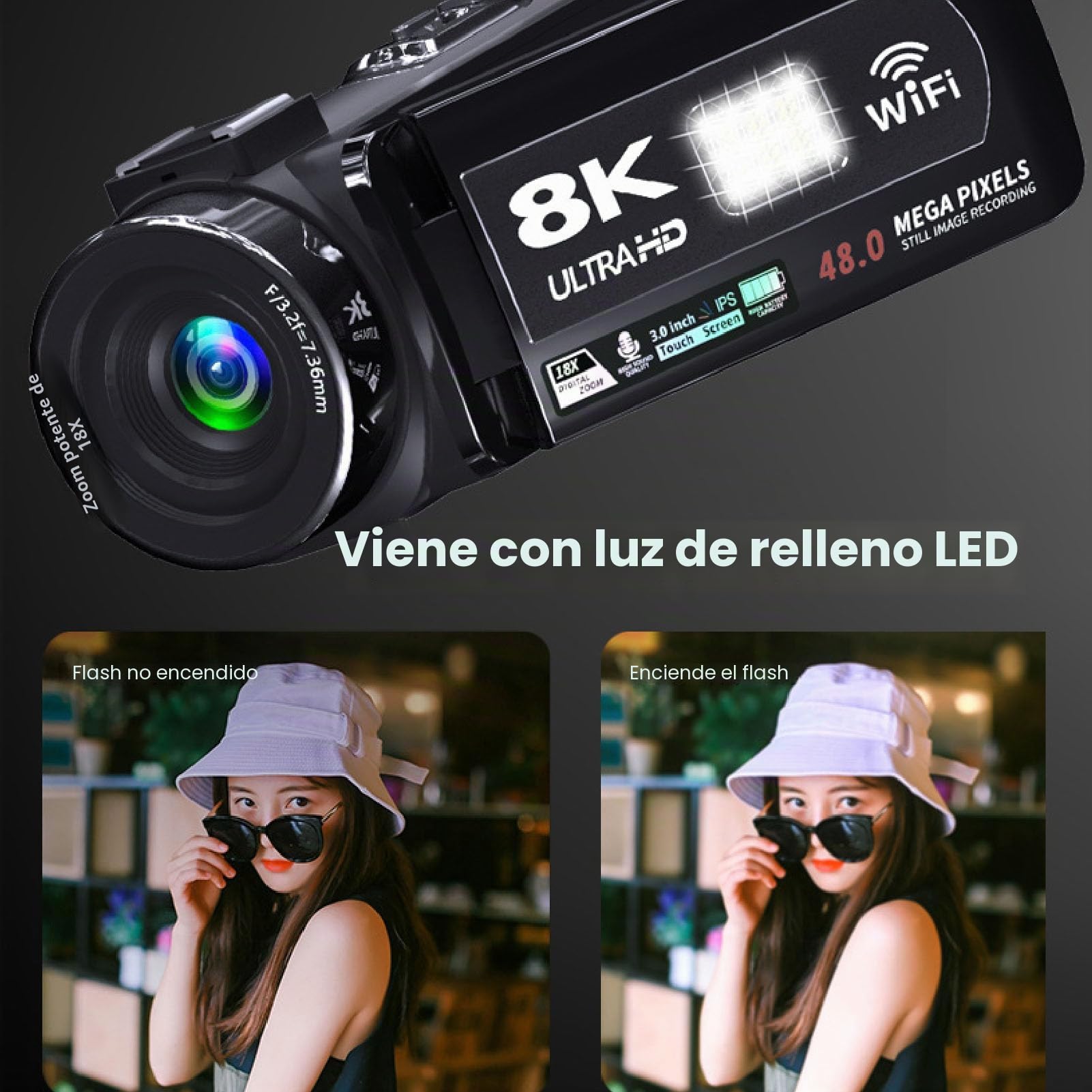 Cámara De Vídeo 8K, Videocámara De 64 MP, Zoom Digital 18X, Enfoque Automático, Visión Nocturna, Cámara para Vlogs con Pantalla Táctil De 3 Pulgadas, Mando A Distancia Bolsa