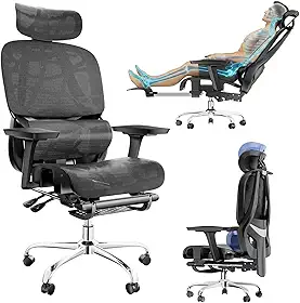 Cadeira ergonomica com apoio para os pés, Encosto Ajustável em 145°, Apoio Lombar Ajustável, Apoios de Braços e Cabeça 3D, Cadeira de Trabalho Giratória com Rodas