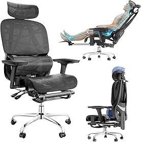 Cadeira ergonomica com apoio para os pés, Encosto Ajustável em 145°, Apoio Lombar Ajustável, Apoios de Braços e Cabeça 3D, Cadeira de Trabalho Giratória com Rodas