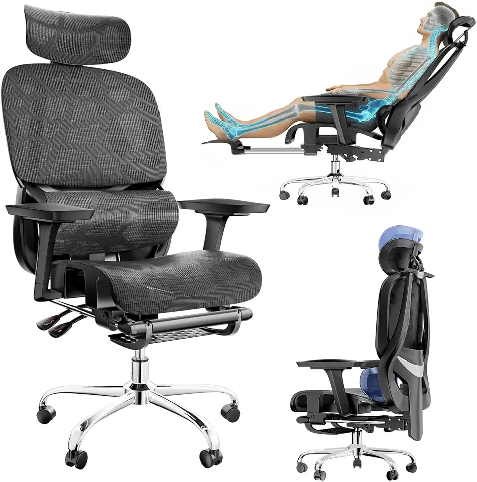 Cadeira ergonomica com apoio para os pés, Encosto Ajustável em 145°, Apoio Lombar Ajustável, Apoios de Braços e Cabeça 3D, Cadeira de Trabalho Giratória com Rodas