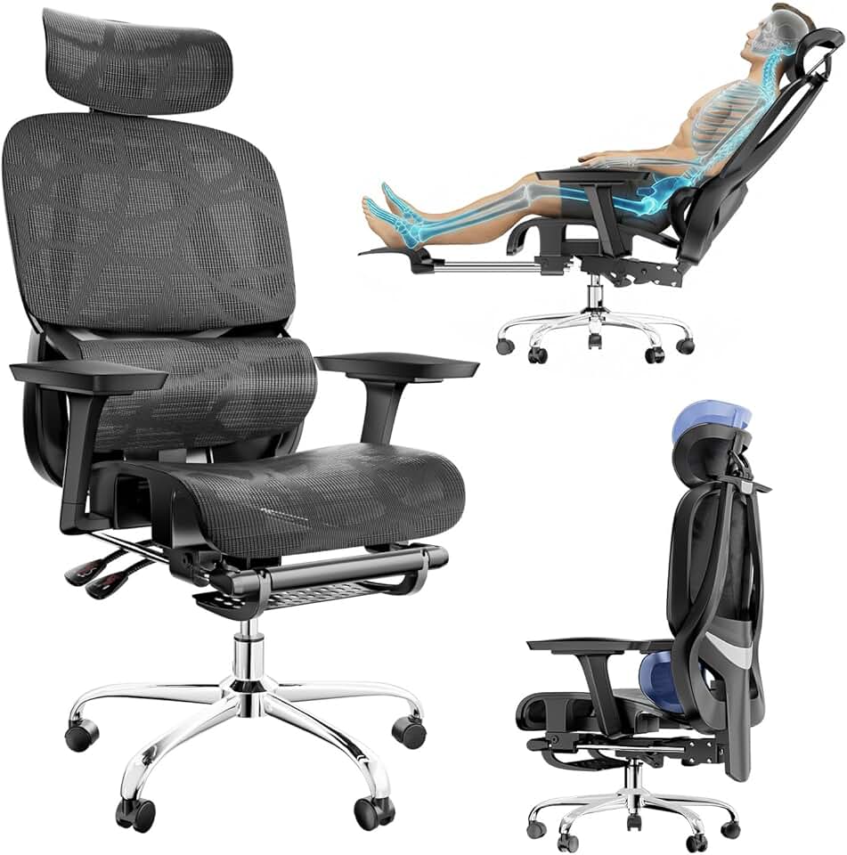 Cadeira ergonomica com apoio para os pés, Encosto Ajustável em 145°, Apoio Lombar Ajustável, Apoios de Braços e Cabeça 3D, Cadeira de Trabalho Giratória com Rodas