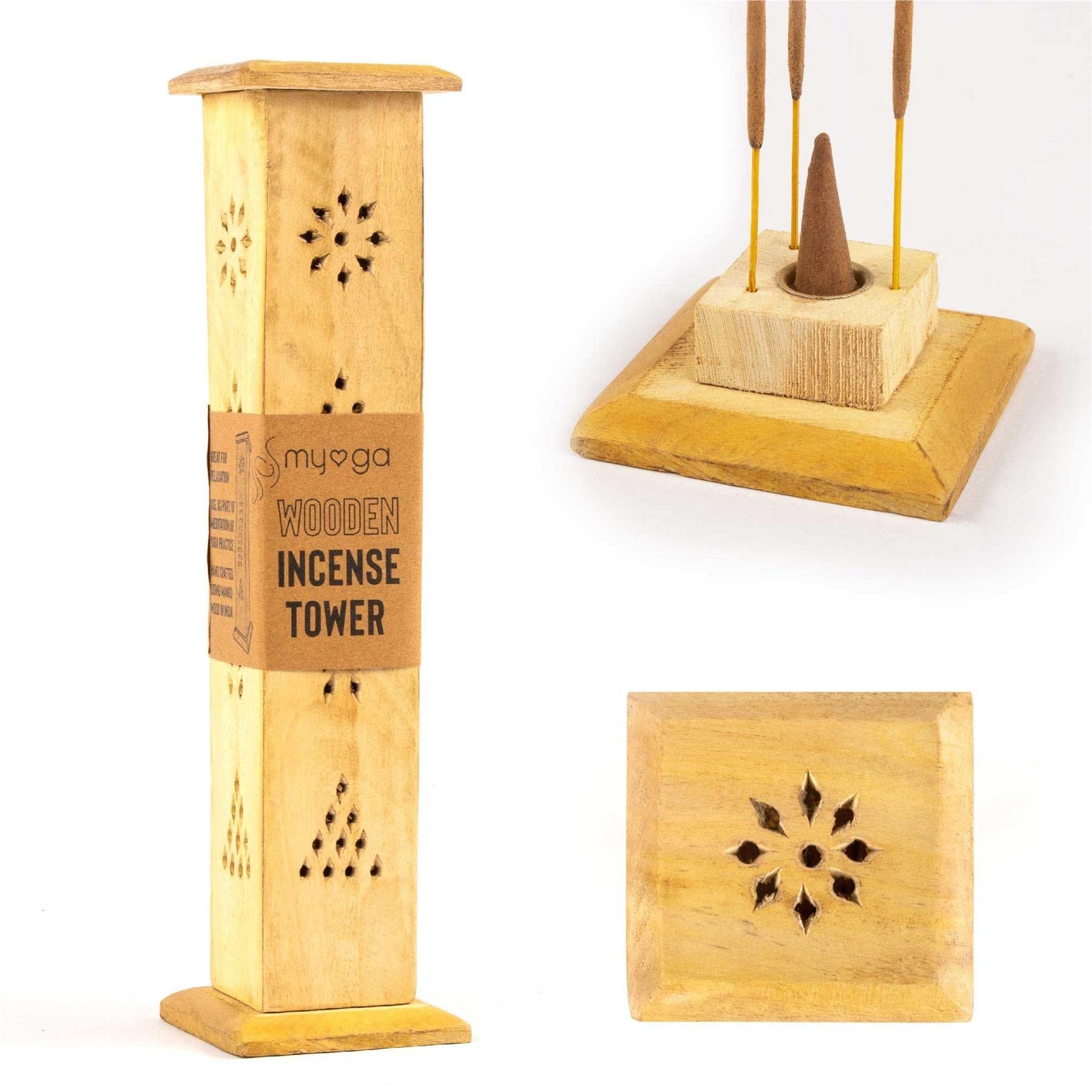 Myga Incense Tower - Wooden Carved Incense Holder for Joss Stick & Dhoop Cone - Ideal for Meditation, Aromatherapy & Home Décor - Handcrafted in India with Mango Wood - Natural Square