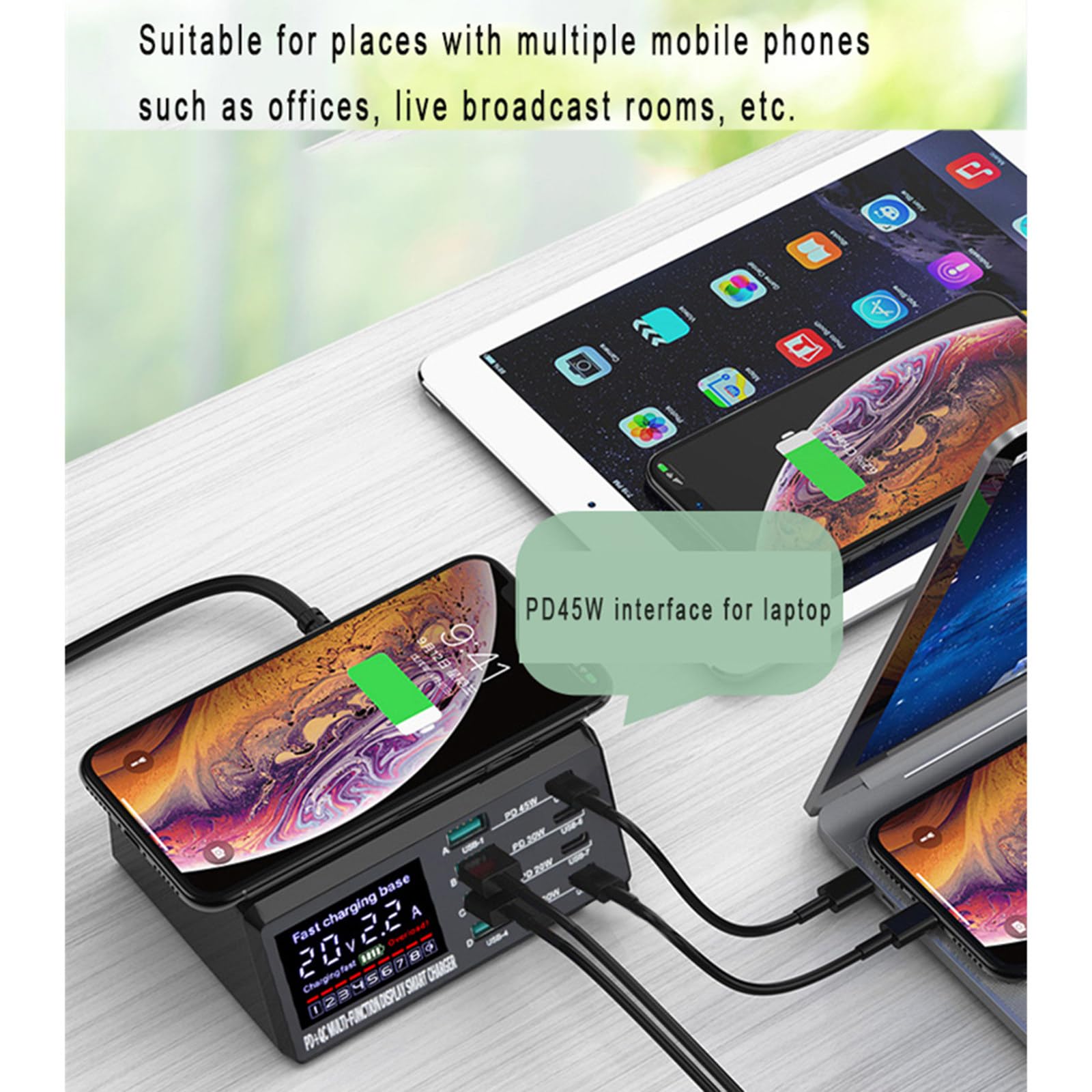 Ładowarka bezprzewodowa 110 W, 8 portów USB, stacja ładująca do telefonu, szybkie ładowanie QC3.0, PD3.0, szybkie ładowanie telefonu i notebooka