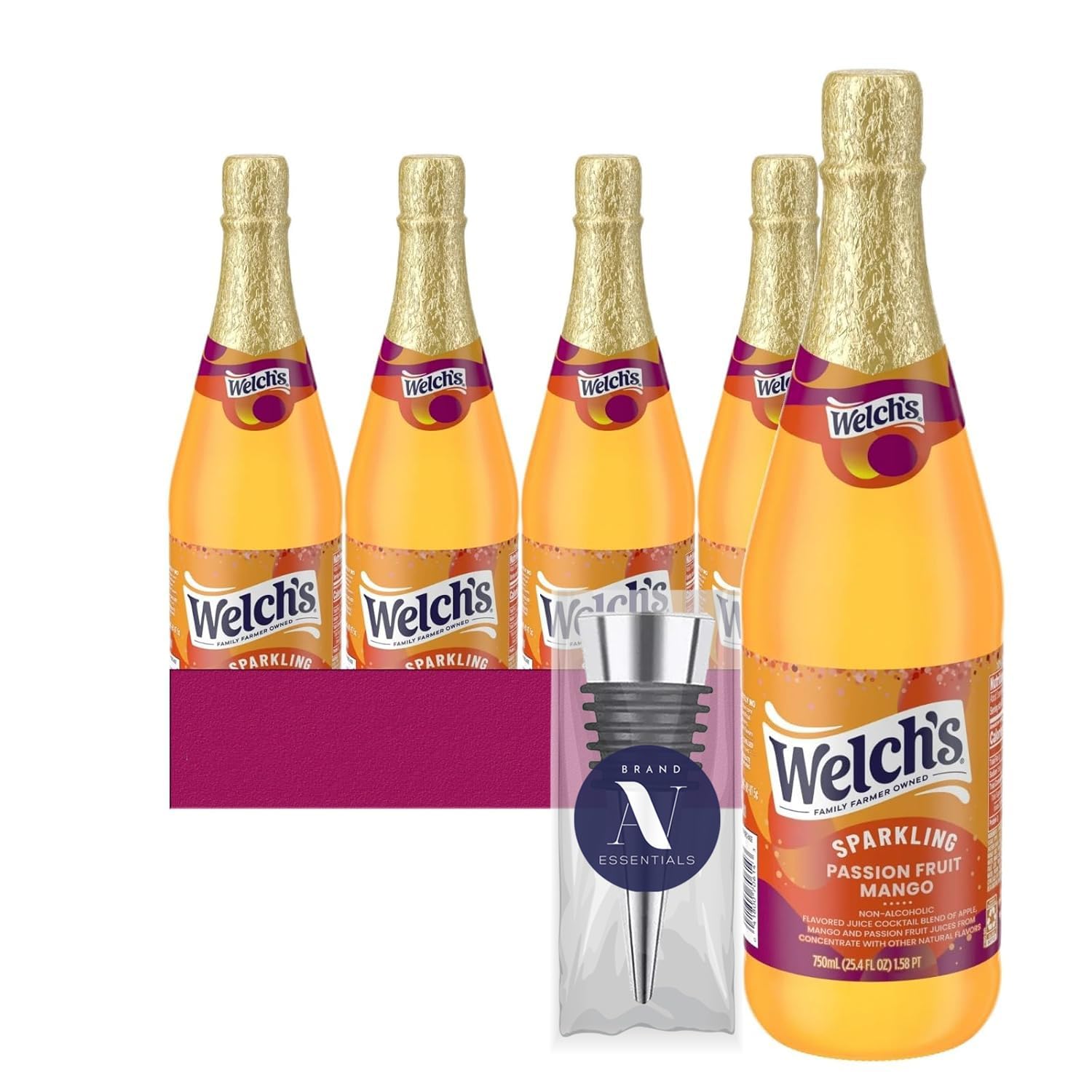 Welch's - Lavinia Essentials Bundle: 4-Pack of Passion Fruit Mango Non-Alcoholic Sparkling Juice Cocktail, 25.4 fl oz Glass Bottle + 1 Utility Prop