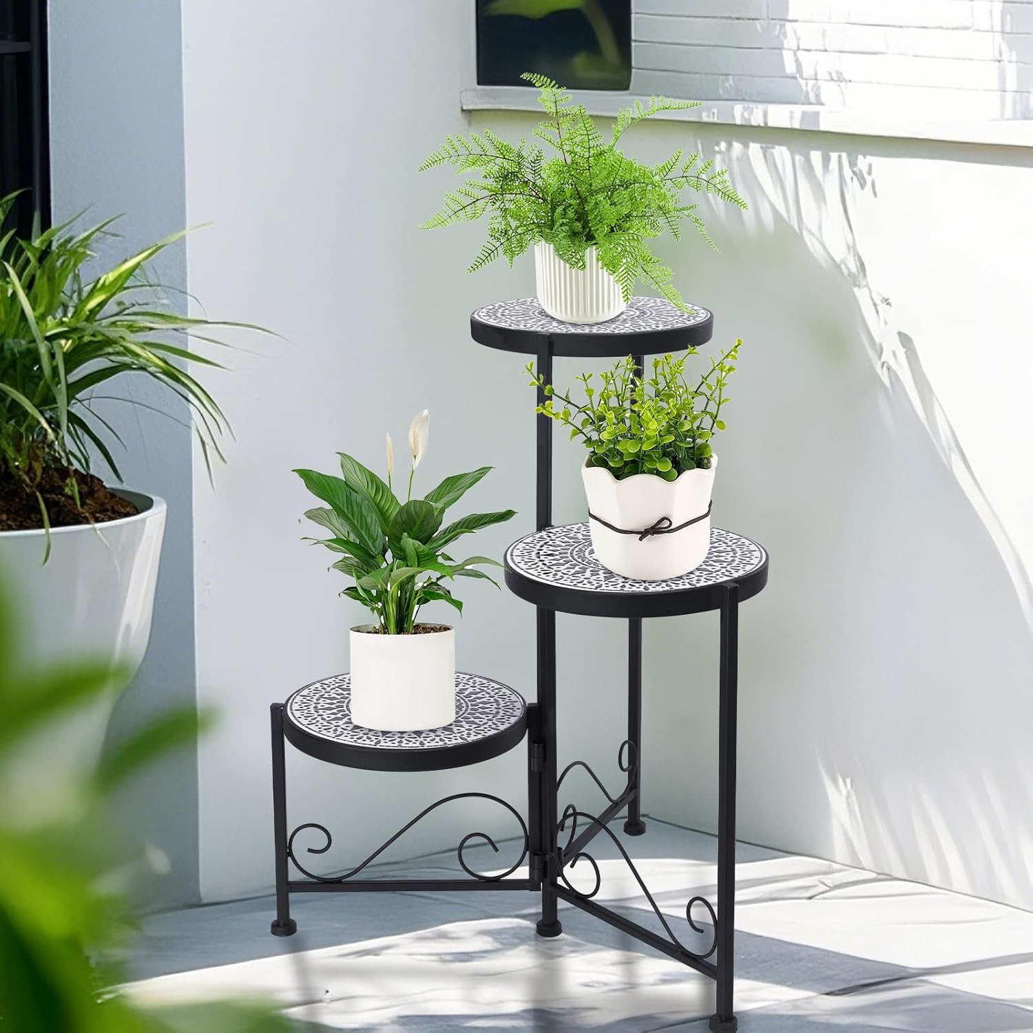 Vipush 3 Tier Plant Stand with Mosaic Ceramic Top - Foldable 3 tier plant stand, Durable Indoor & Outdoor Plant Shelf for Pots, Flowers, and Decor, No Assembly Required