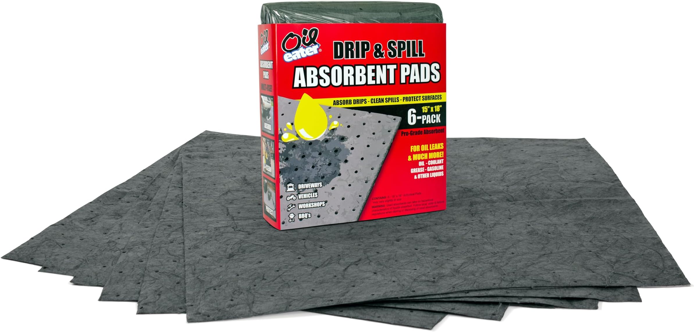 Oil Eater Drip & Spill Universal Pads - for Oil Grease Fluids - Car Motorcycle and Tools - 6 Pack