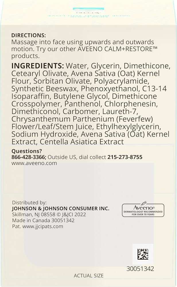 Aveeno Calm + Restore Oat Gel Facial Moisturizer for Sensitive Skin, Fast-Absorbing, Soothing Lightweight Gel Cream with Prebiotic Oat & Feverfew, Fragrance-Free & Hypoallergenic, 1.7 oz