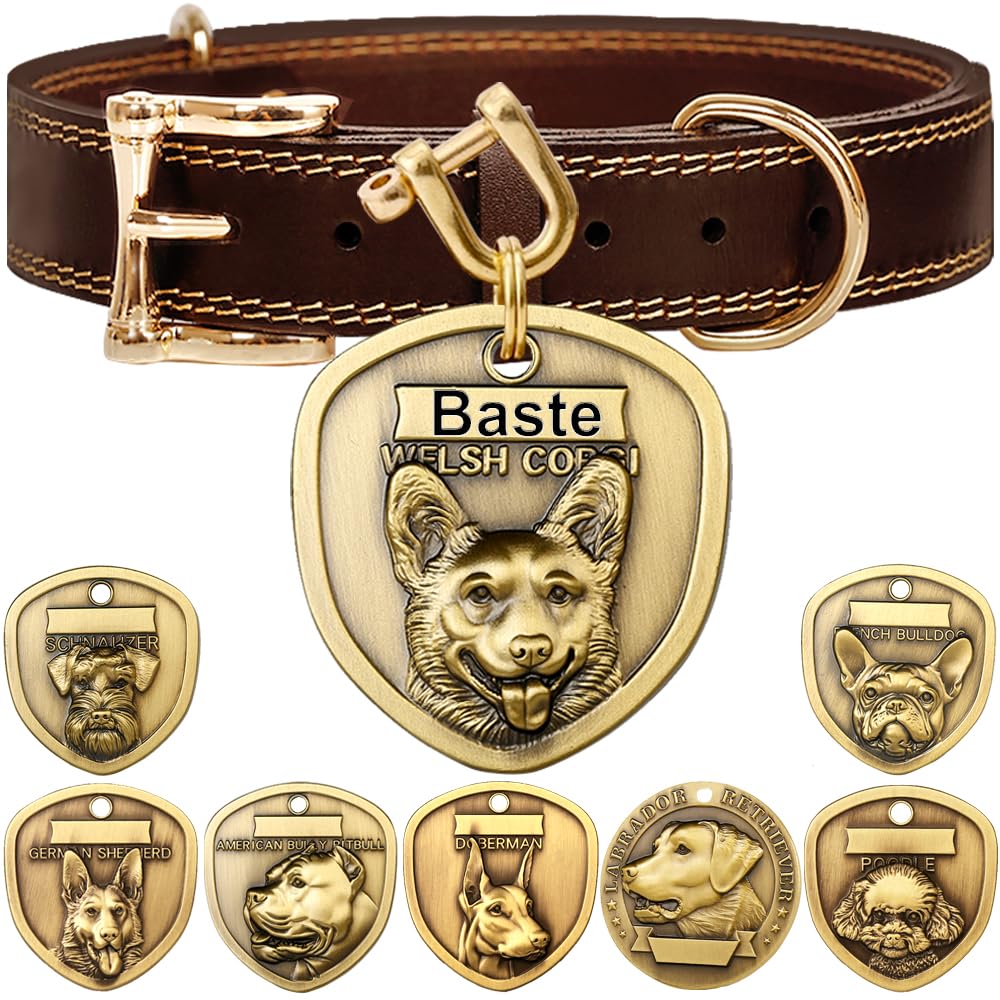 ZQDJ Genuine Leather Dog Collar+3D Embossed Welsh Corgi Dog Tag Set（S-M）