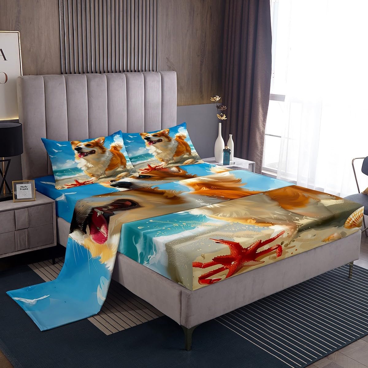 Erosebridal Cartoon Corgi Pug Twin Size Sheet Sets Ocean Theme Bed Sheets Set,Sea Starfish Bed Set Kawaii Animal Flat Sheet Kids Boys Girls Watercolor