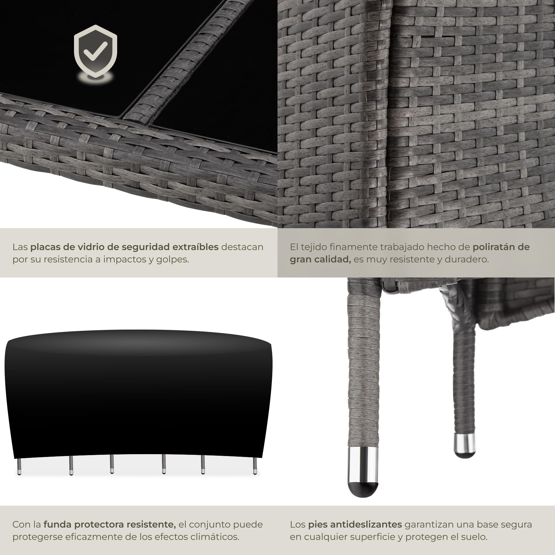 tectake® Conjunto Jardín Exterior de Ratán y Aluminio, Muebles Jardín Exterior Resistentes a Intemperie, para hasta 6 Personas, con Tornillos de Acero INOX. y Funda Protectora - Gris