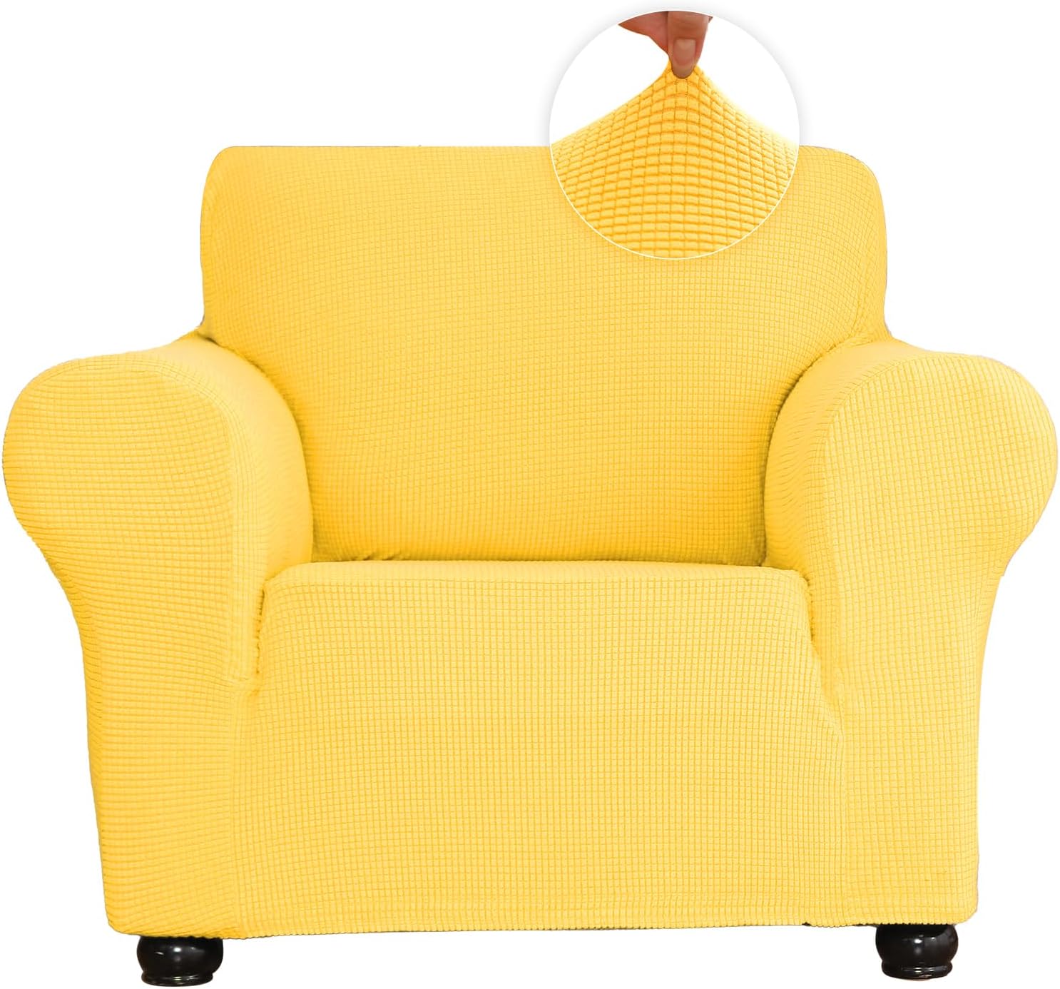 Qubjus Stretch Sofa Slipcover Single Soft Couch Covers Furniture Protector 1 Seater Breathable Washable Jacquard Fabric Small Checks with Elastic Bottom for Kids Pets (Yellow, Small)