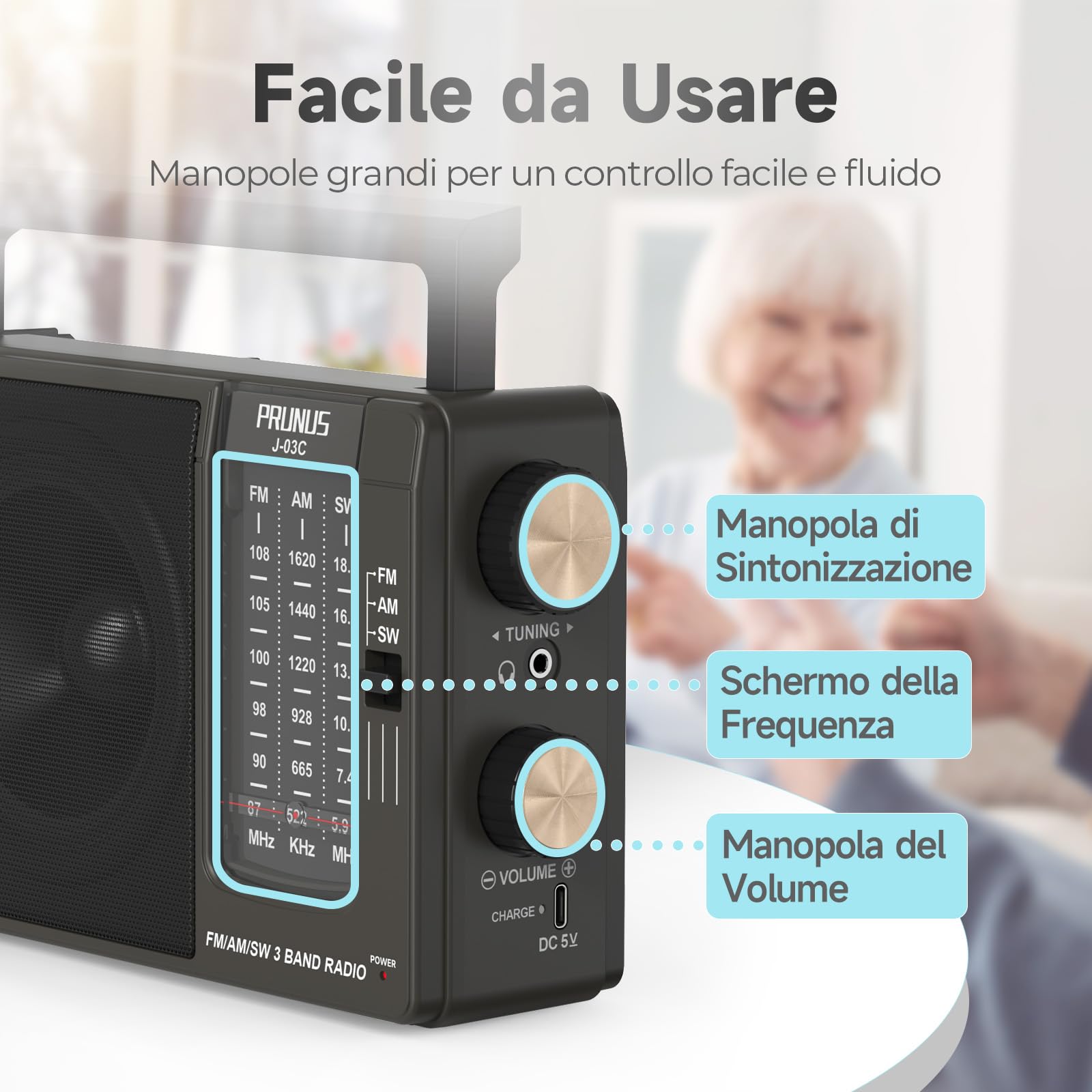 PRUNUS J-03C AM/FM/SW Radio Portatile, Radiolina Portatile Alimentata da Pile (4*AA) o Batteria Ricaricabile USB-C, Radio Portatili Piccola con Jack per Cuffie, Ideale per Cucina, Tavolo e Casa (Nero)