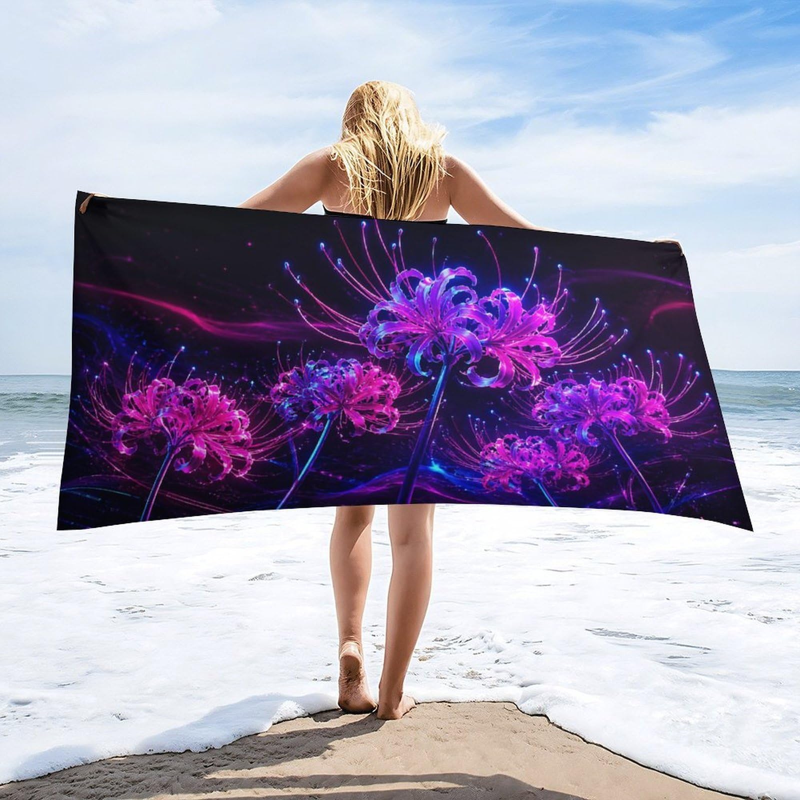 Anceky Neon Flowers Cosmic Glow Beach Towel 32"×63",Soft Microfiber Bath Towel Shawl, Quick Dry Absorbent Pool Spa Gym Shower Towel
