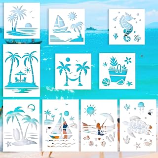 10pcs Summer Beach Stencils, Reusable Ocean & Sea Life Patterns for Painting Marine Creatures Turtle Sunshine Beach Great for Creative Projects and Artworks