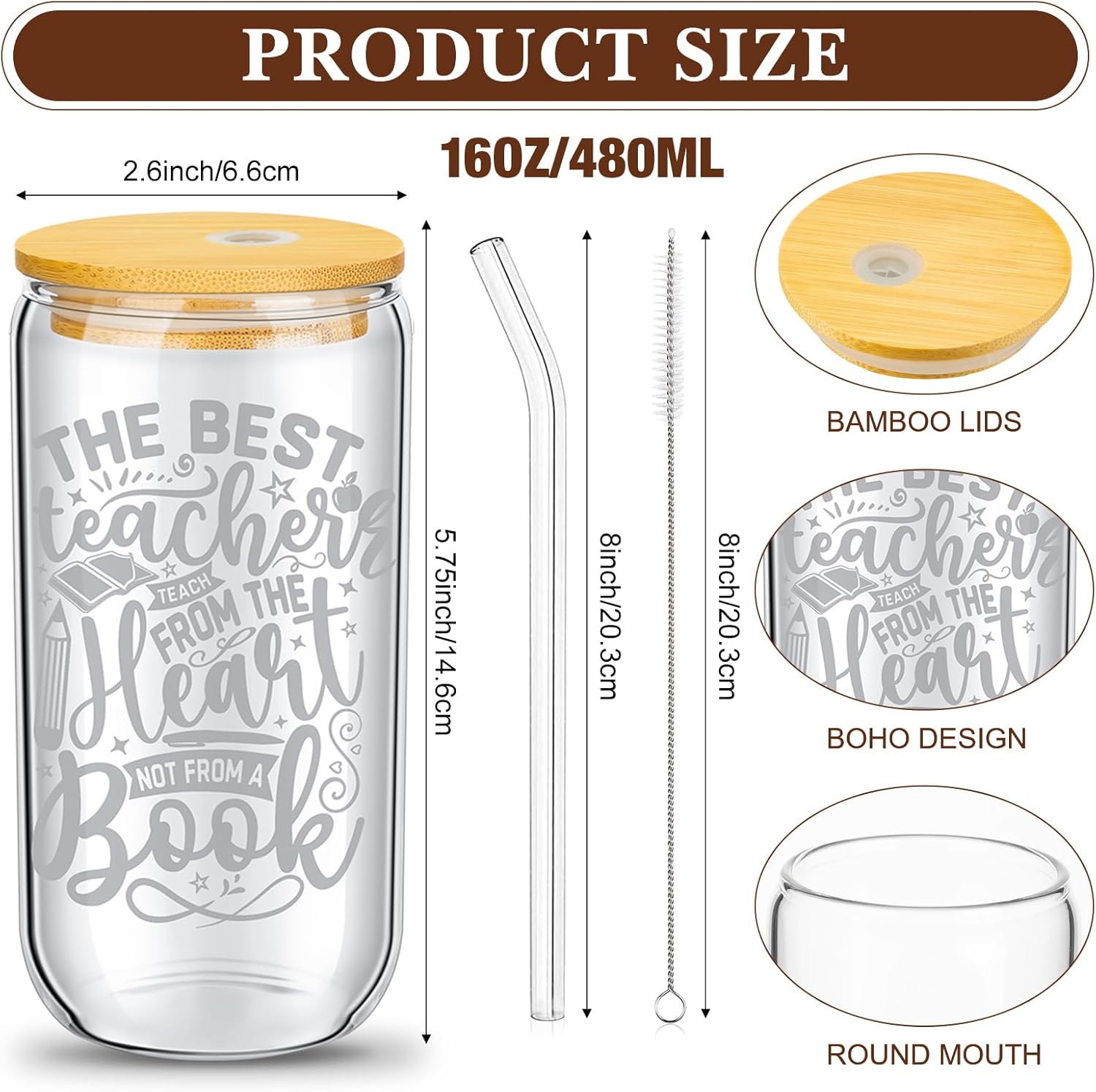 9 Sets Teacher Appreciation Gifts Bulk Valentine's Day Thank You Glass Cups 16 oz Tumbler Cup with Lids Straws Brushes Reusable Water Bottle Graduation Teacher Gift(Simple Style) - Image 2