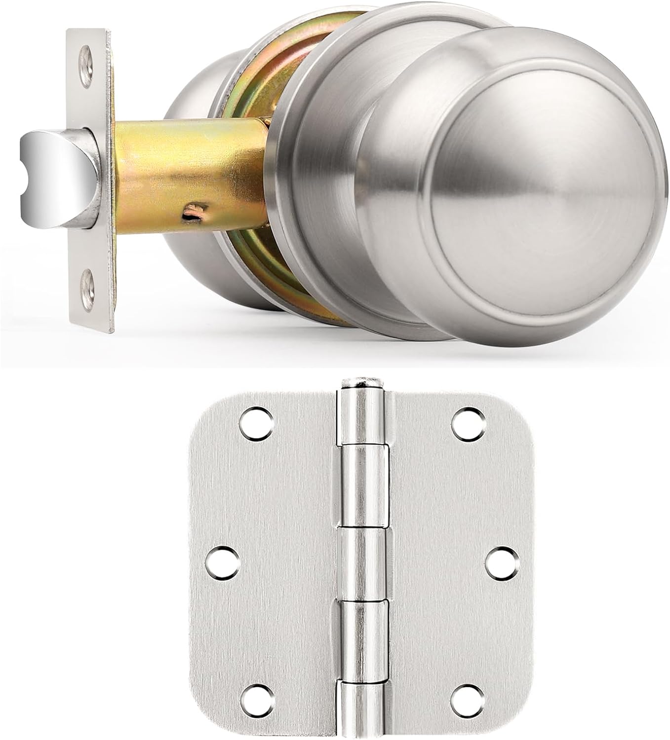 Probrico 6 Brushed Nickel Closet Door Knobs and 18 Brushed Nickel Door Hinges Bundle Set, 3.5 X 3.5 Inch Door Hinges Rounded 5/8" Radius Corners