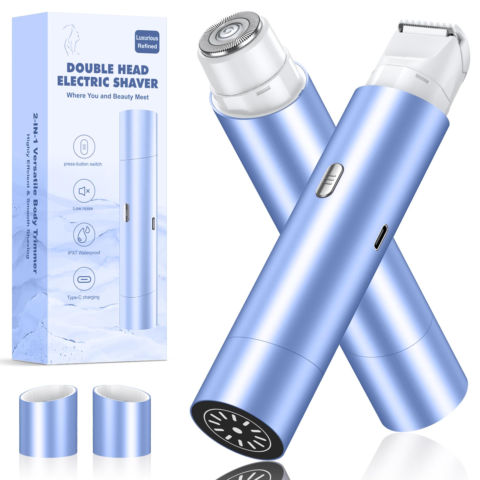 Bikini Trimmer, Body Hair Trimmmer 2 in 1 Face Shaver, Waterproof Womens Electric Razor for Face, Blue