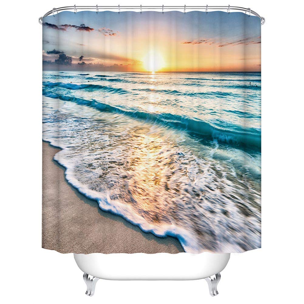 BOYOUTH Sea Coast at Sunrise Time Pattern Digital Print Bath Shower Curtains for Bathroom,Polyester Waterproof Fabric Beach Bath Curtain with 12 Hooks,70x70 Inches,Multicolor