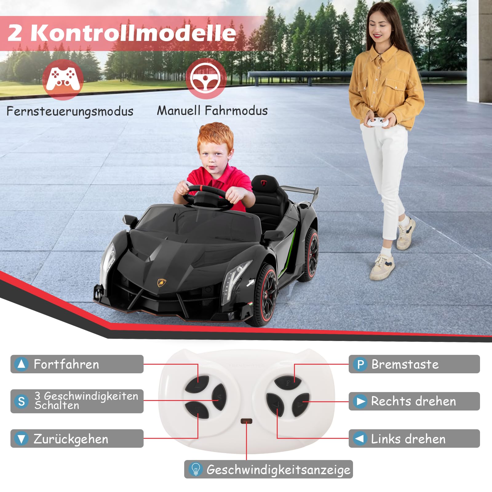 GOPLUS 12V Elektroauto Lamborghini mit 2,4G-Fernbedienung, Kinderfahrzeug mit helle LED-Leuchten, Hupe & hydraulischer Türen, Elektrofahrzeug mit Musik & MP3 für Kinder von 3-8 Jahre (Schwarz)