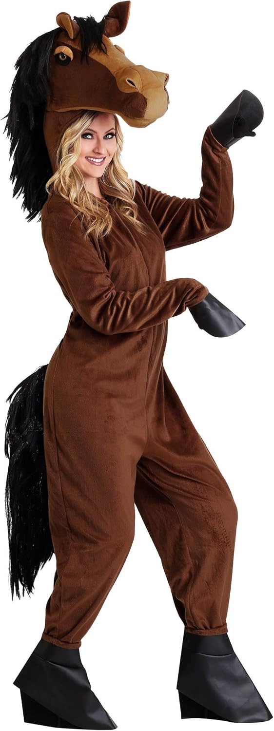 Adult Horse Hooded Jumpsuit Unisex, Farm Animal Halloween Costume, Brown Pony Suit