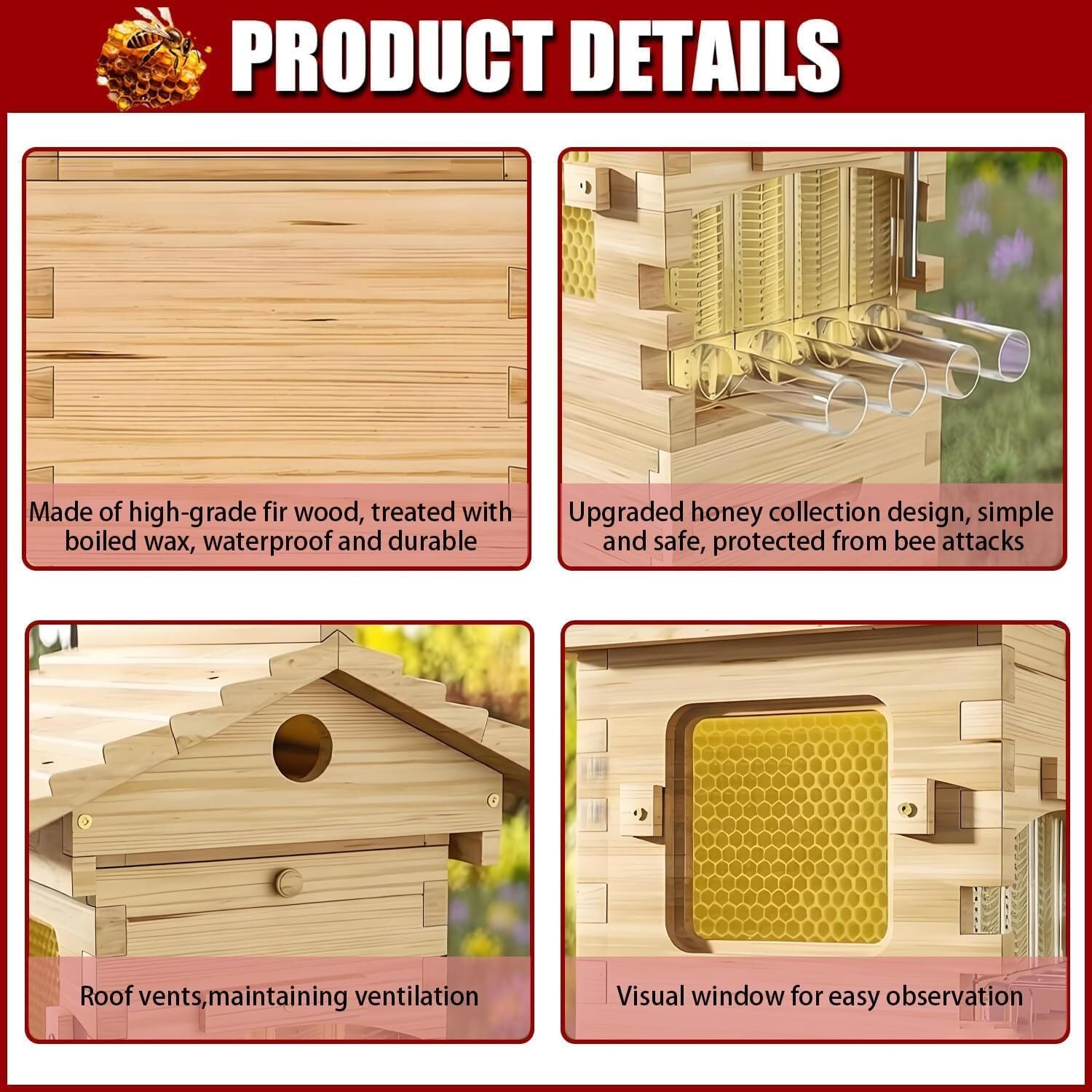 Self-Flow Hive, Bee Hives Boxes Starter Kit, Complete Bee Box with Observation Window & Honey Spout, Automatic Harvesting for Garden Pollinators