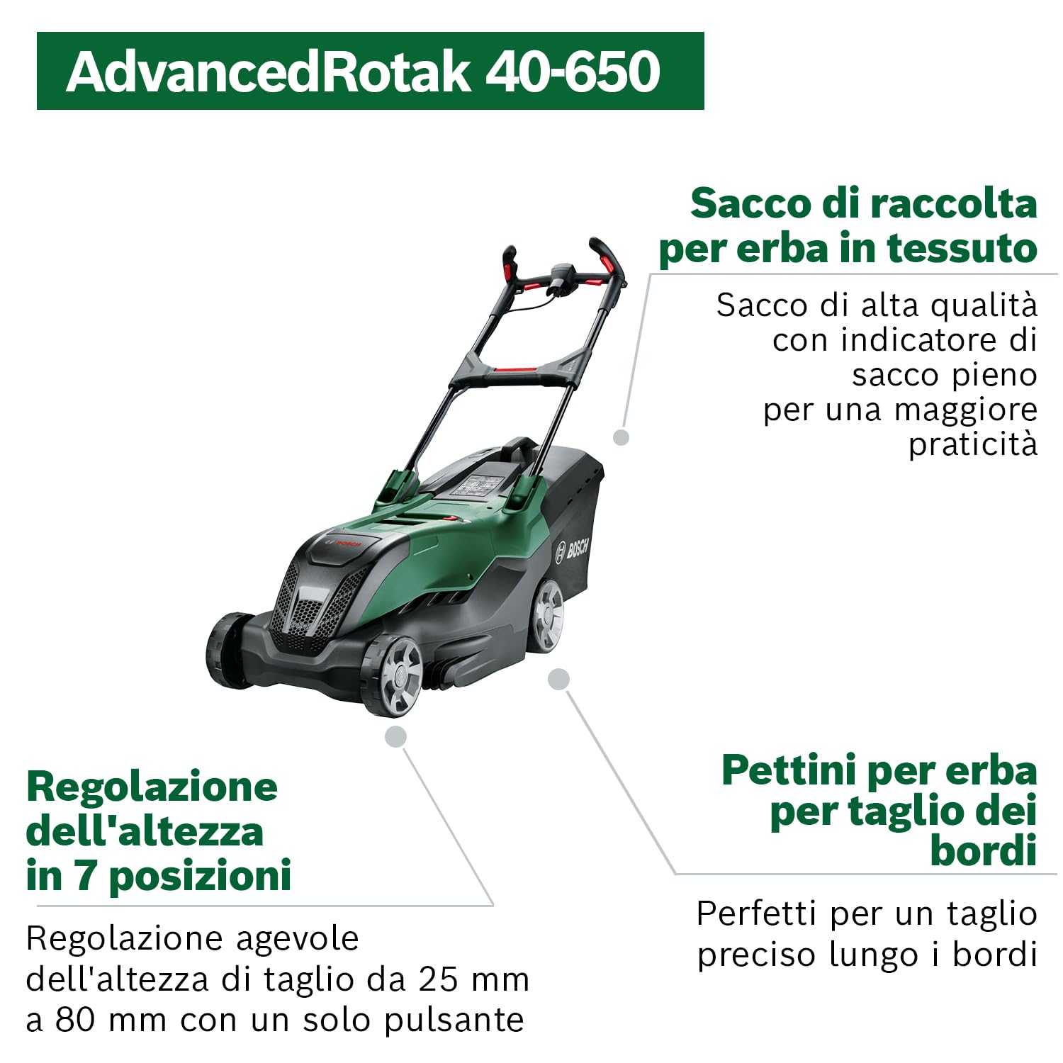 Bosch Potente Rasaerba a Filo AdvancedRotak 40-650, per il Taglio del PratoC, Potenza Motore 1700 W, Larghezza di Taglio 40 cm