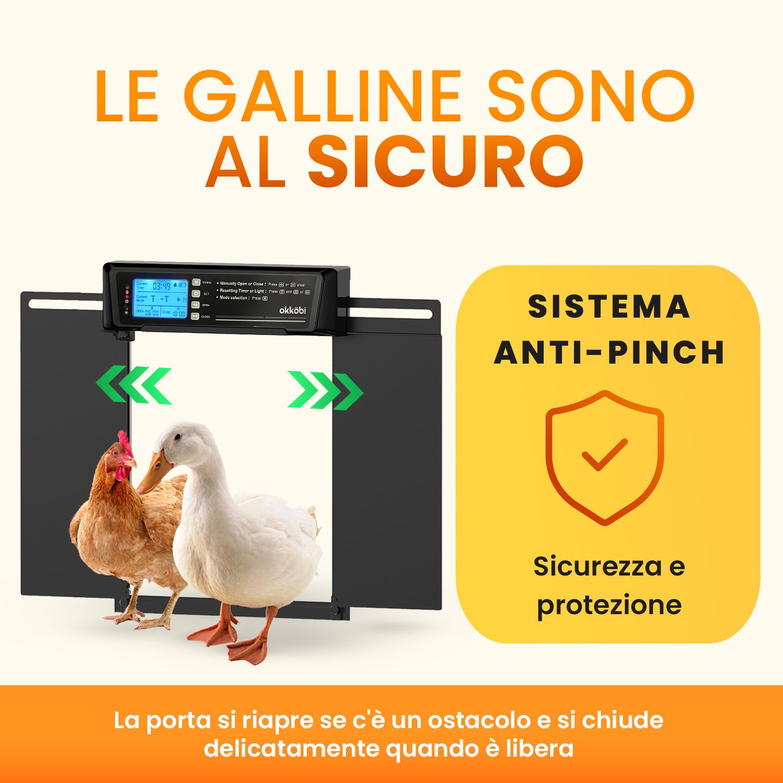 Porta Automatica Pollaio Extra Large Solare – Display LCD, Telecomando, Sensore di Luce, Timer & Funzione Antipizzicamento – Apertura 28,7 x 22,1 cm – Protezione 5 Anni – Nero - Okköbi